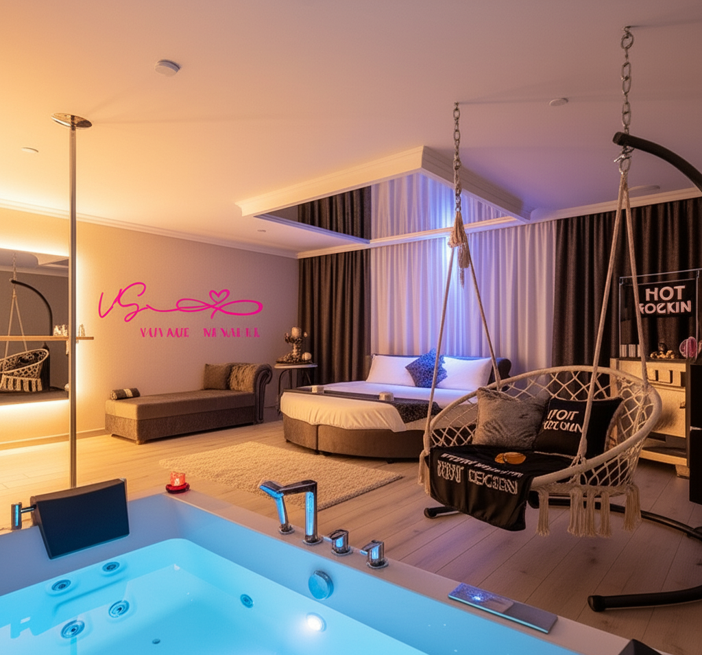 Main view of the romantic suite with round bed